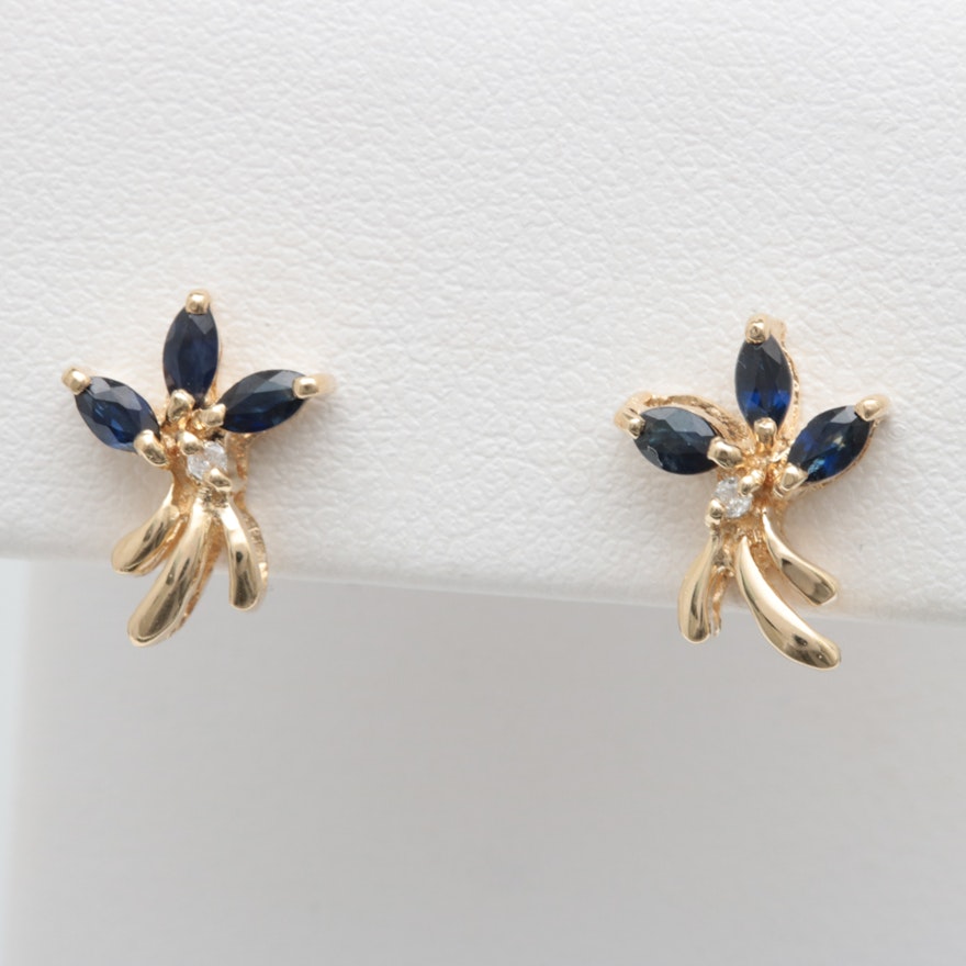 14K Yellow Gold, Blue Sapphire and Diamond Earrings