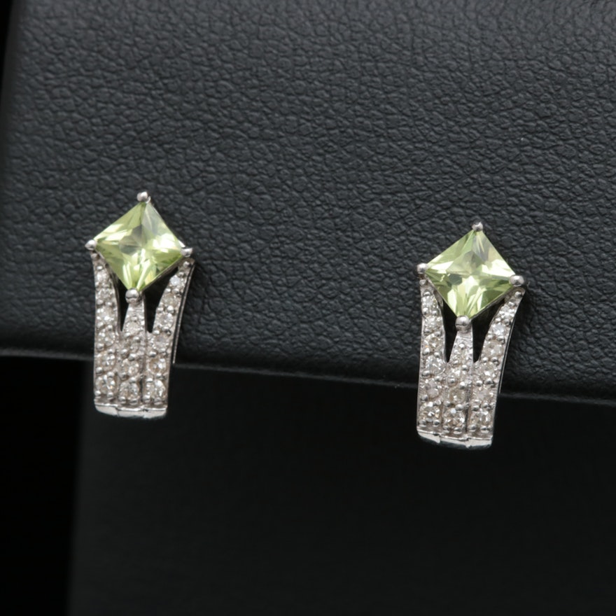 Sterling Silver, Peridot and Diamond Earrings