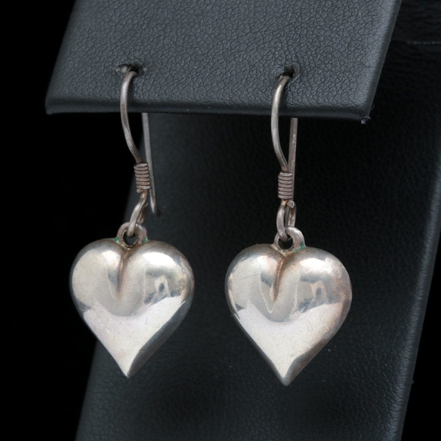 Sterling Silver and Puffy Heart Charm Dangle Earrings