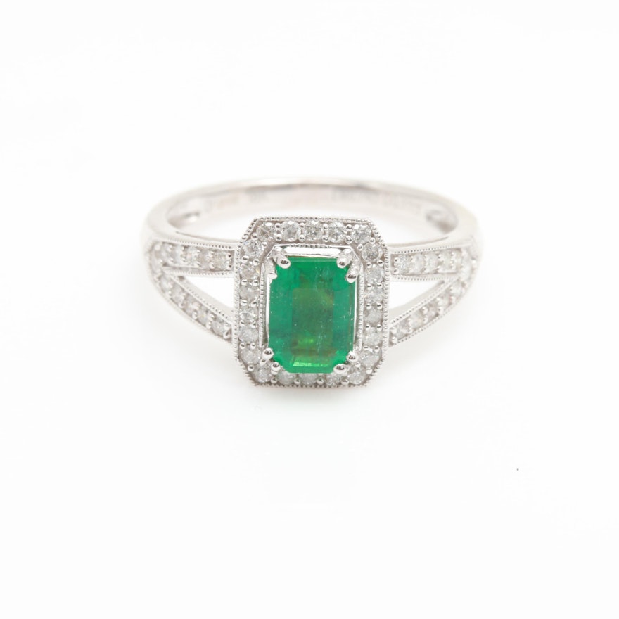 18K White Gold Emerald and Diamond Ring