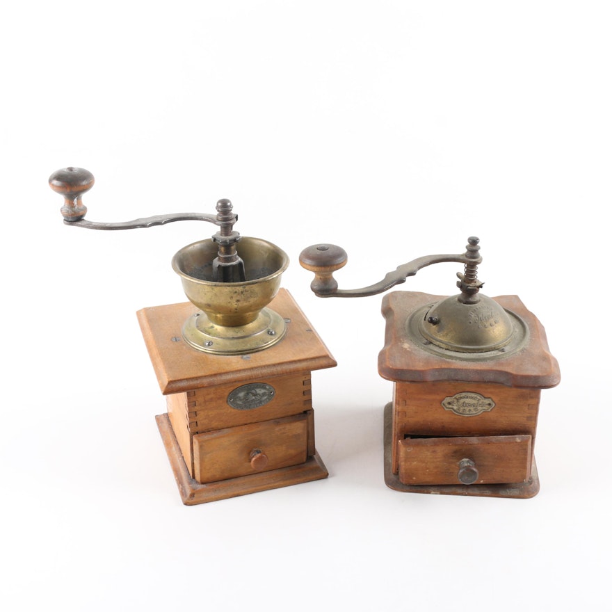 Antique Brass and Wood Coffee Grinders