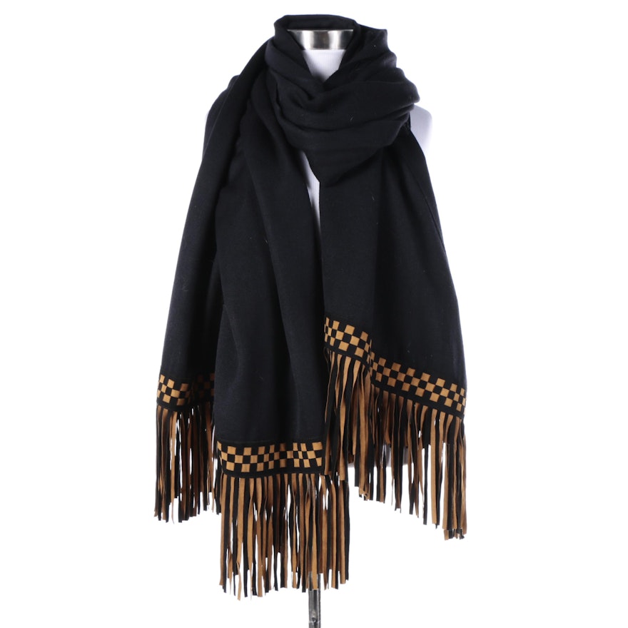 Flats Black Pashmina Silk Scarf with Woven Checkerboard Suede Fridge