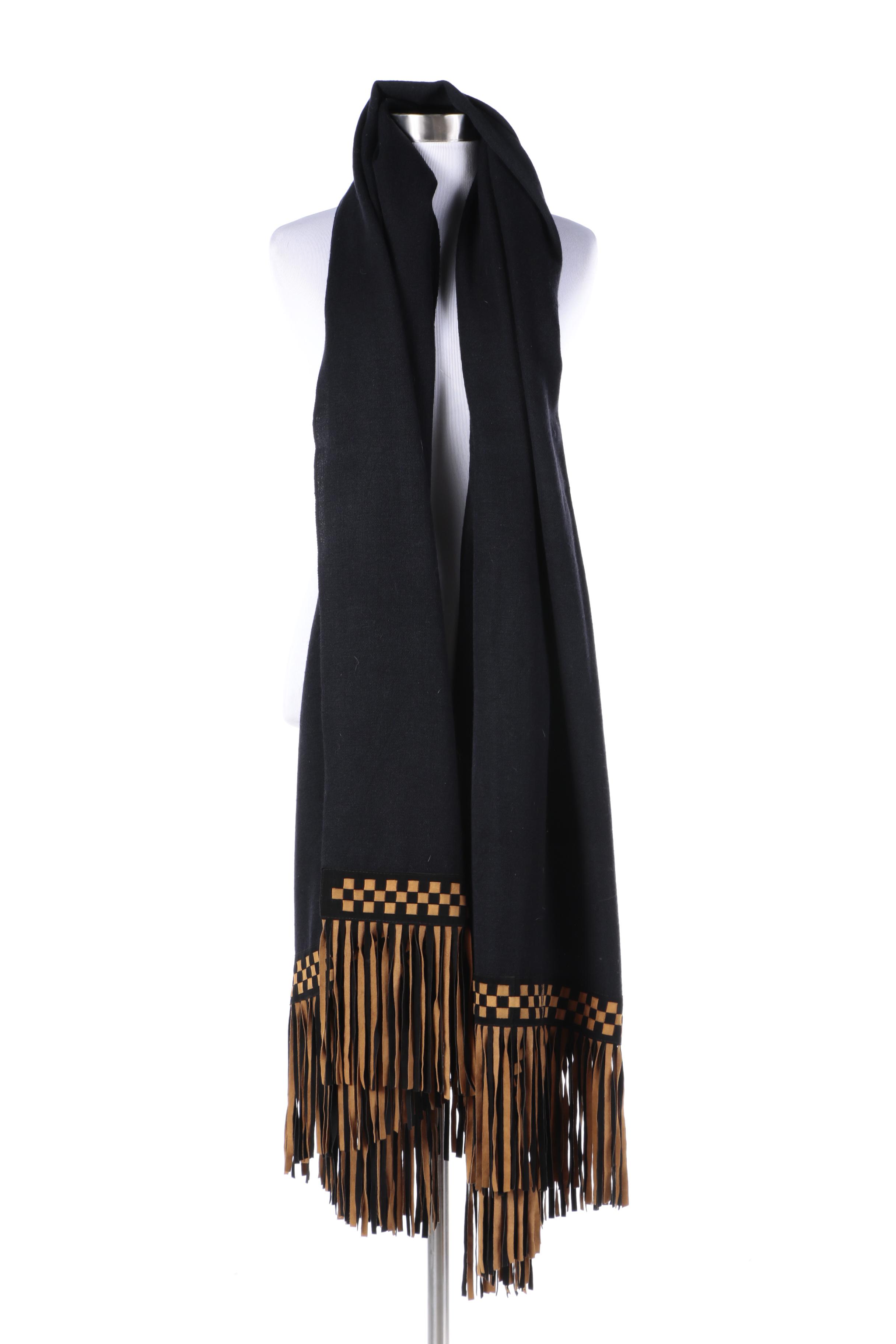 Flats Black Pashmina Silk Scarf with Woven Checkerboard Suede Fridge