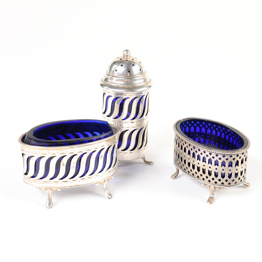 Early 20th Century Danish Silver Plate and Cobalt Glass Salt Shaker and Cellars