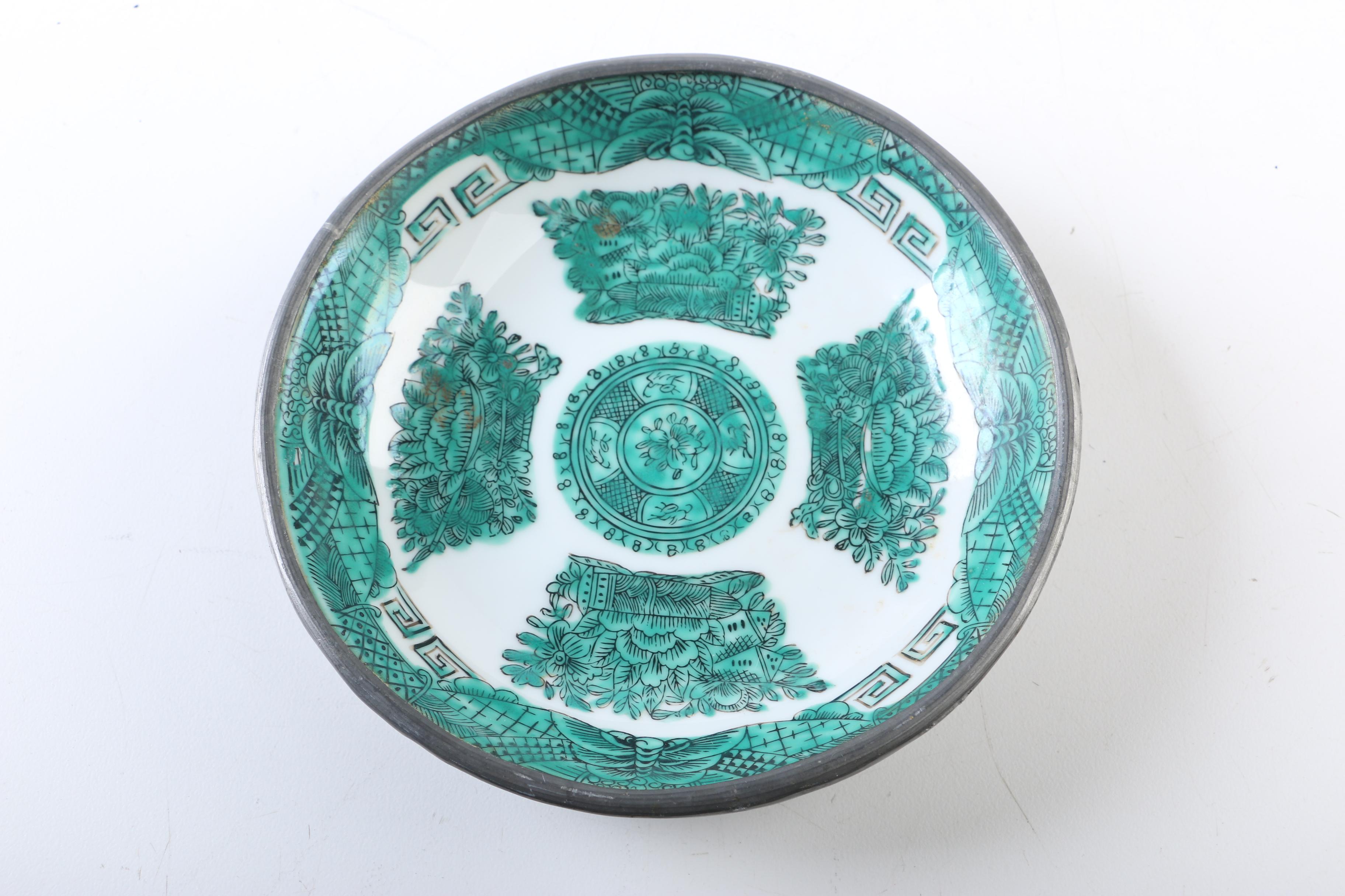 Fitzhugh Style Porcelain Plates with Metal Encasement