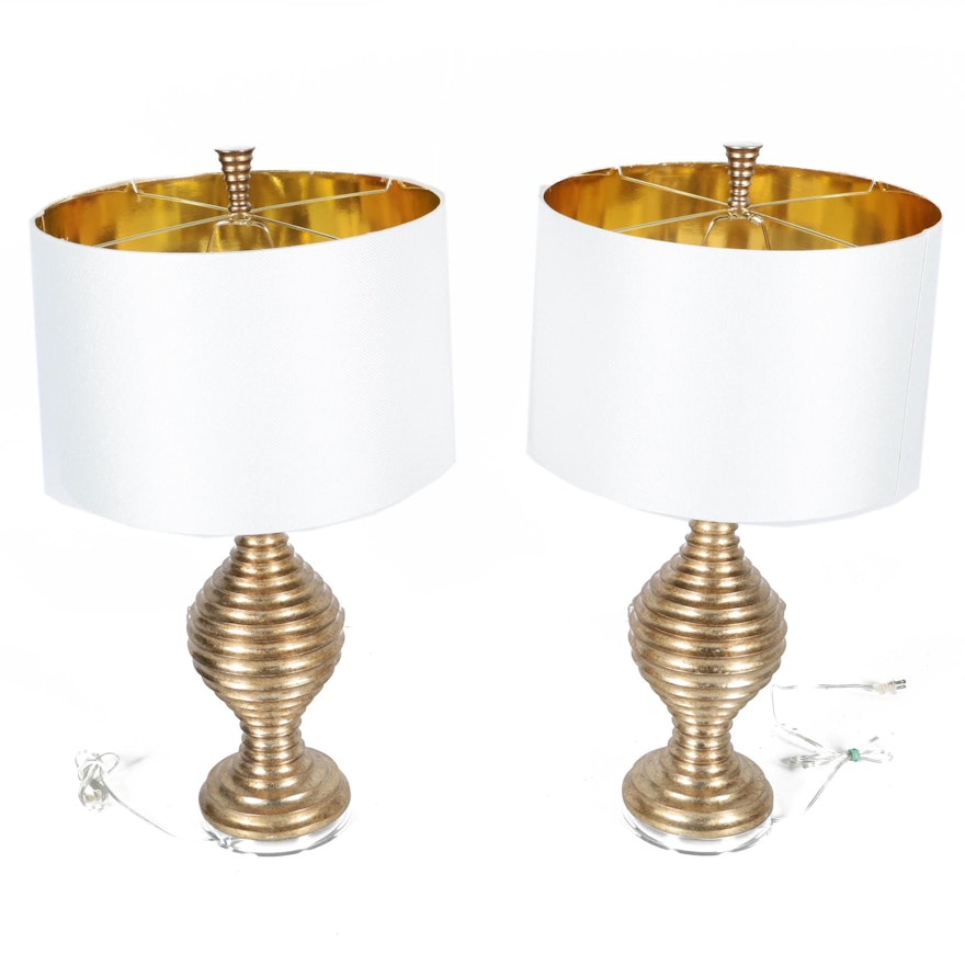 Pair of Gold-Toned Table Lamps with White Shades