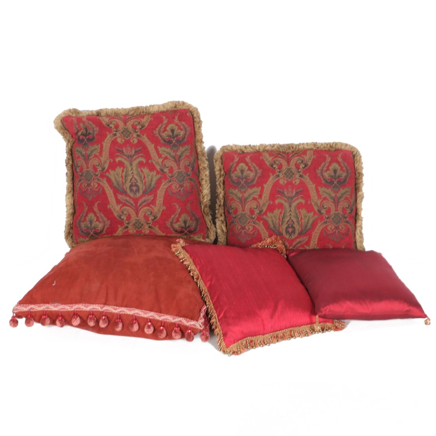 Red and Goldtone Accent Pillows with Fringe