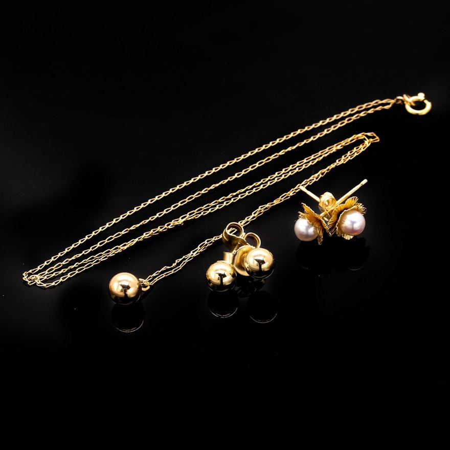 14K Yellow Gold Cultured Pearl Earrings and Necklace