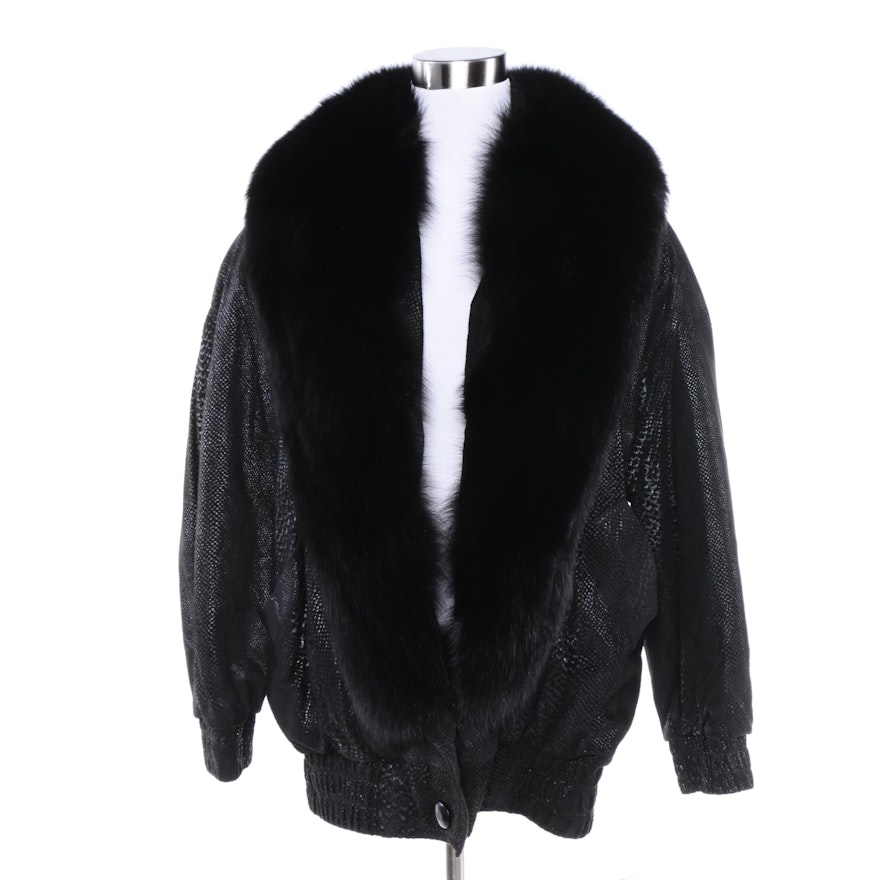 Black Leather Jacket with Dyed Black Fox Fur Trim