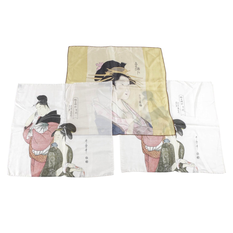 Japanese Ukiyo-e Woodblock Themed Silk Scarves