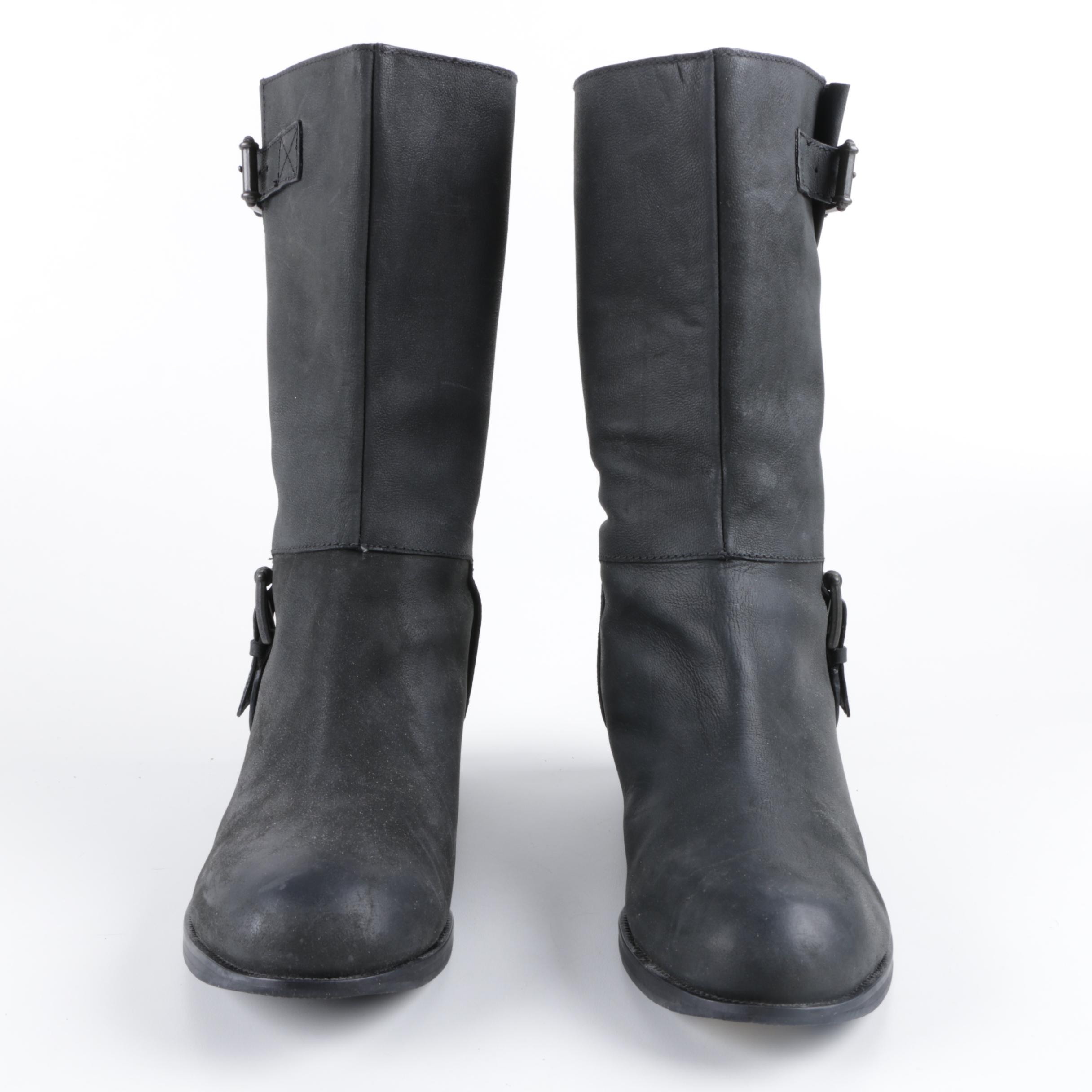 Cole Haan Leora Black Leather Boots with Buckle Straps