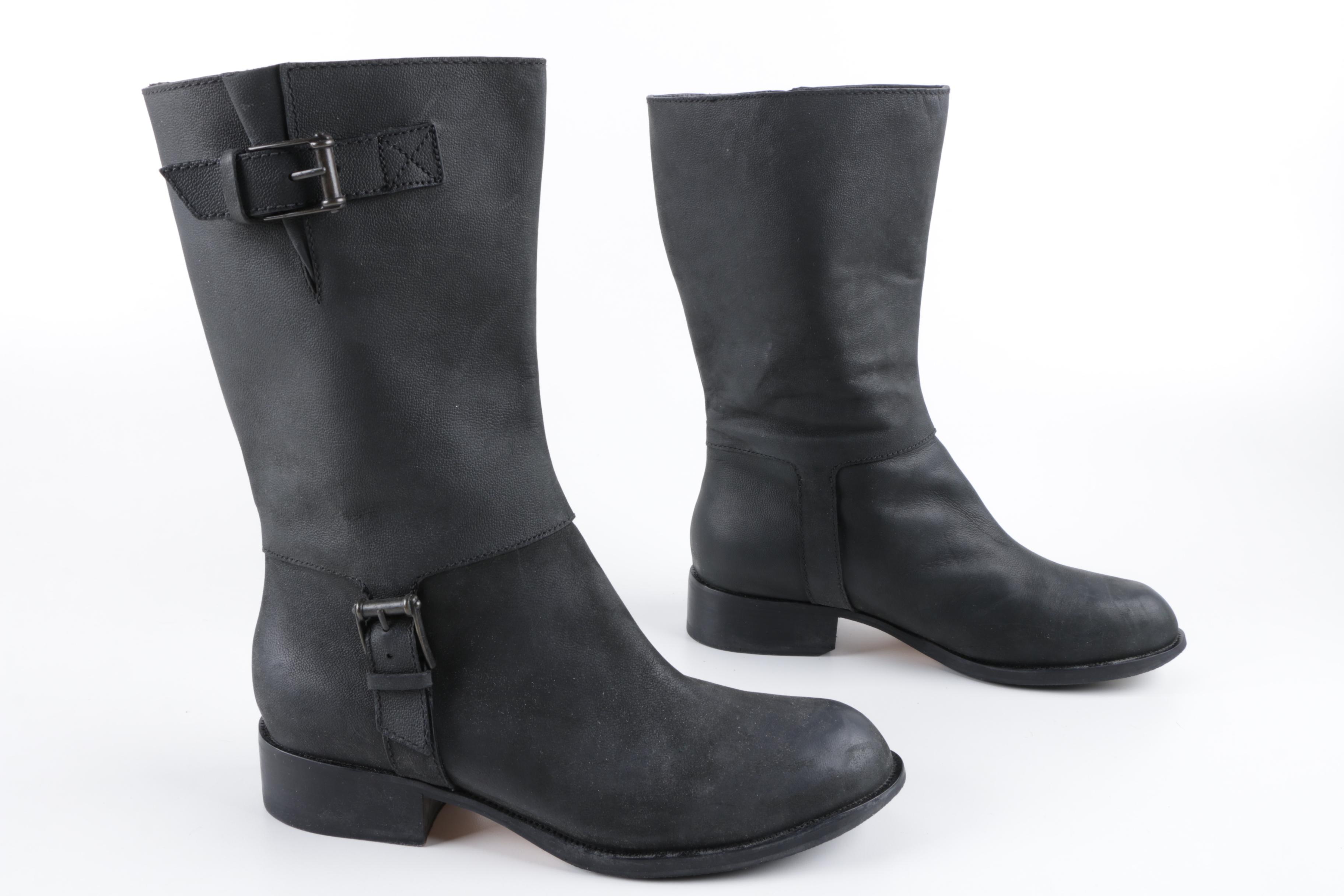 Cole Haan Leora Black Leather Boots with Buckle Straps