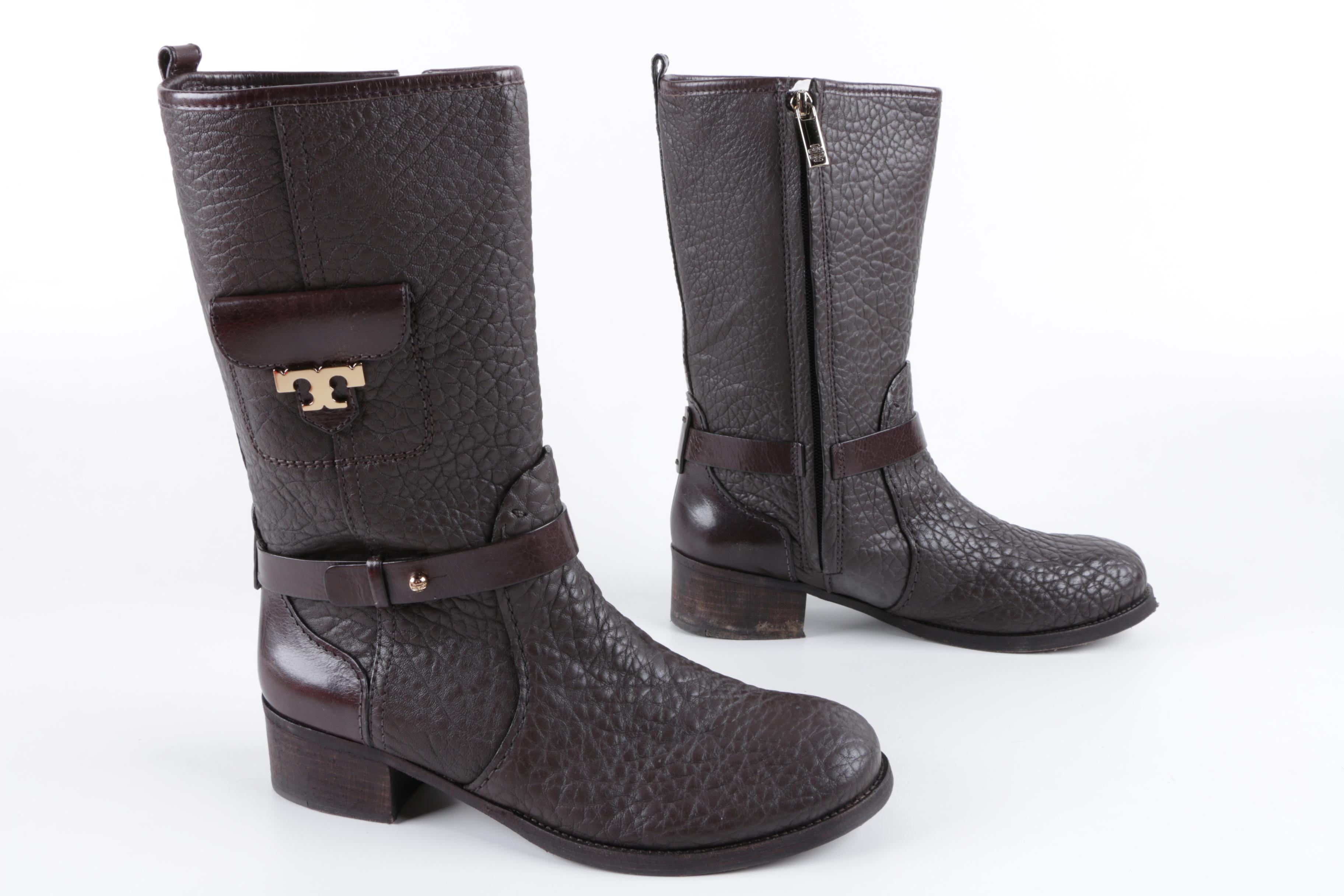 Tory Burch Leona Brown Leather Boots with Side Pocket