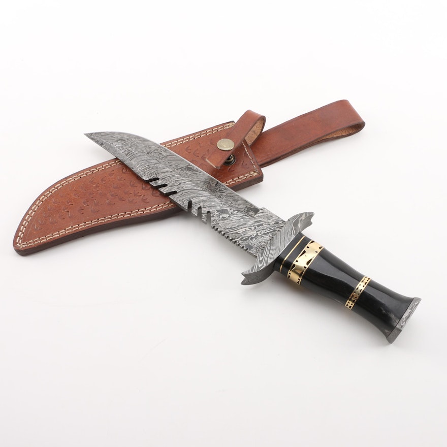 Fixed Blade Survival Knife with Damascus Pattern, Serrated Blade, and Sheath
