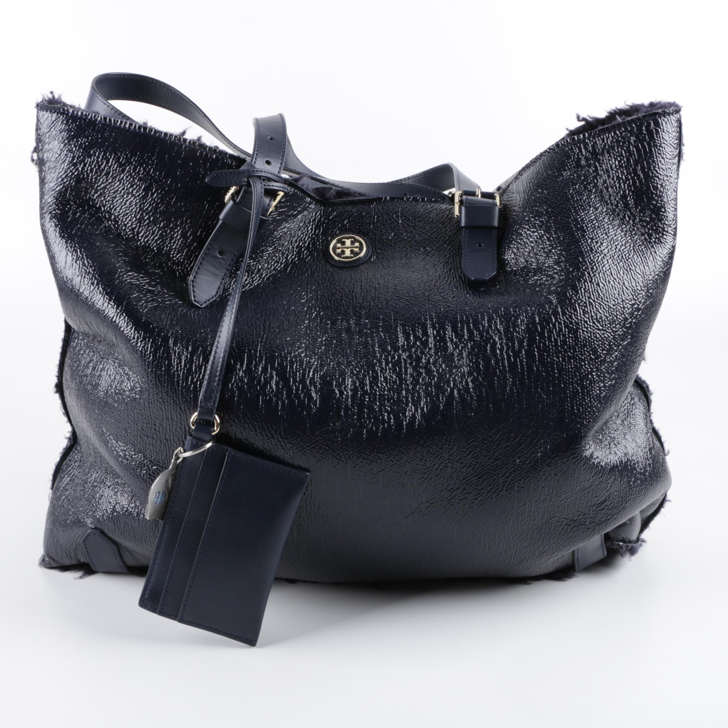 Tory Burch East West Navy Blue Leather and Shearling Tote