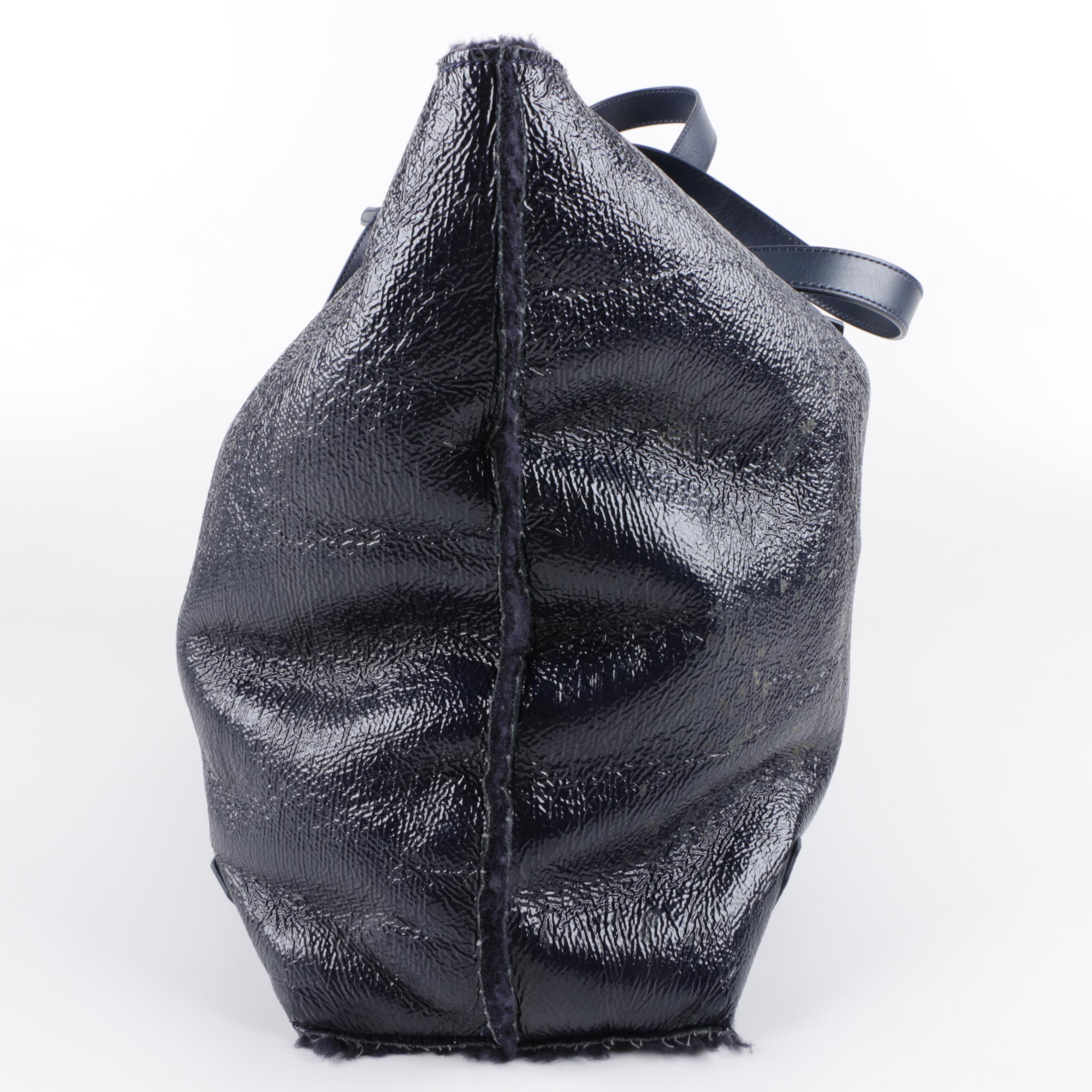 Tory Burch East West Navy Blue Leather and Shearling Tote