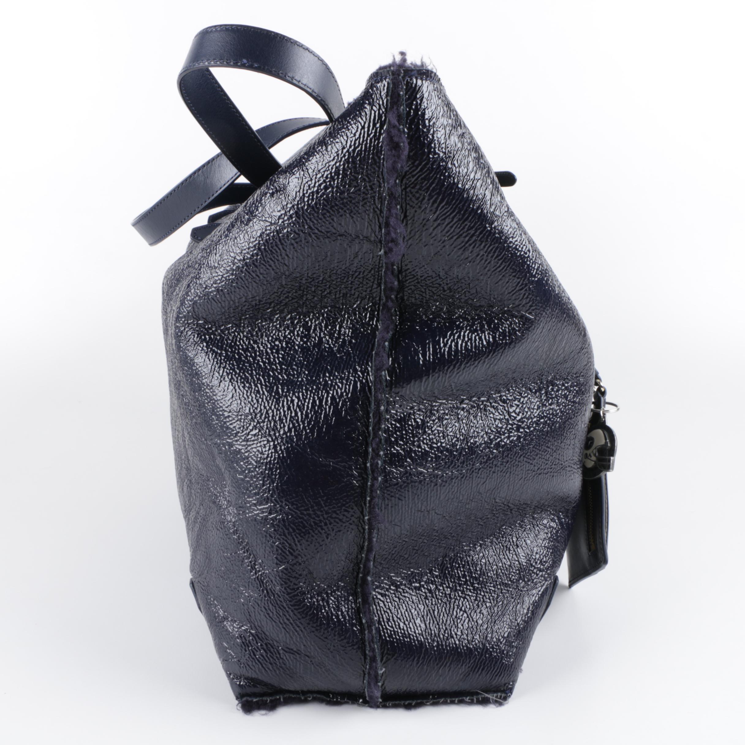 Tory Burch East West Navy Blue Leather and Shearling Tote