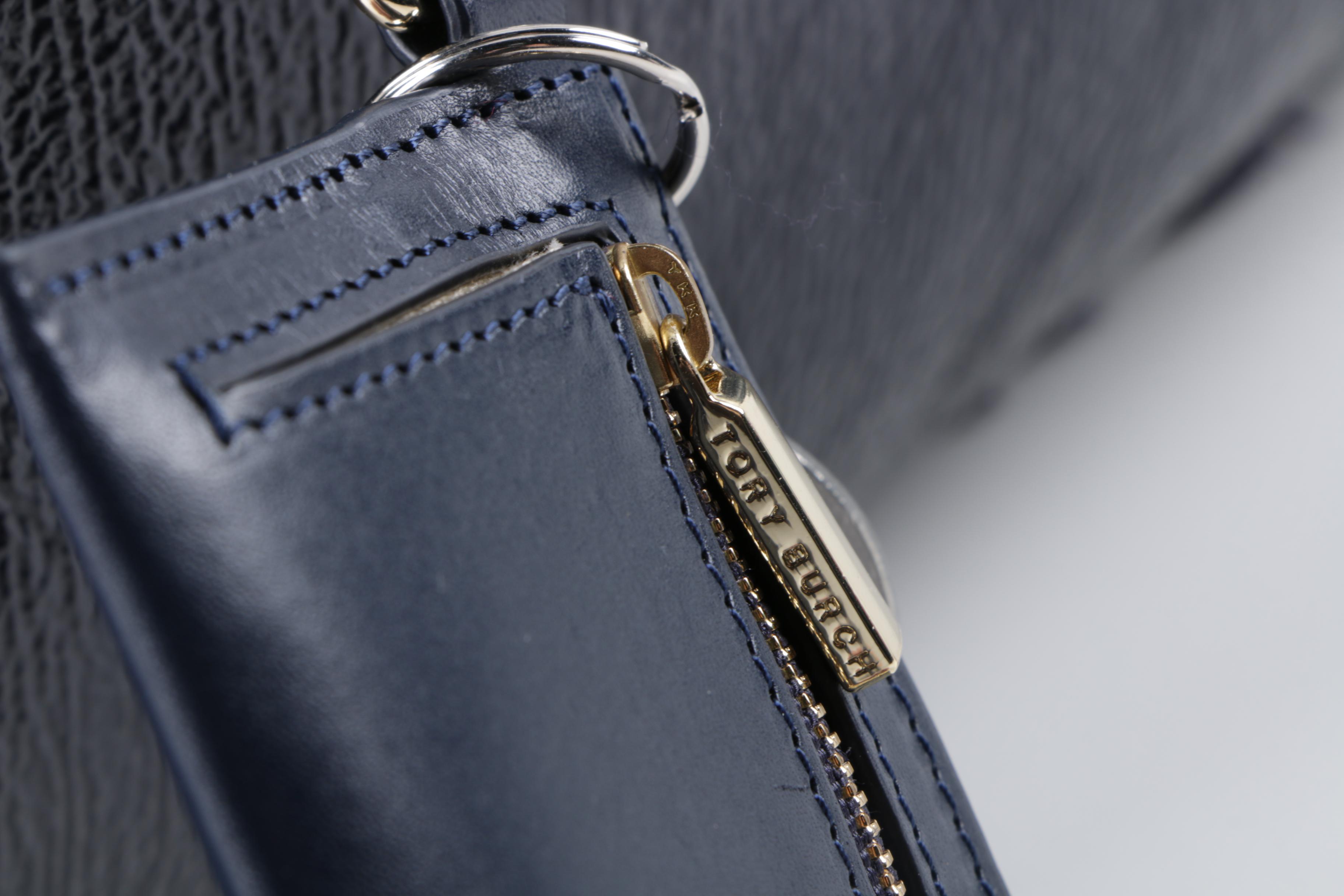 Tory Burch East West Navy Blue Leather and Shearling Tote