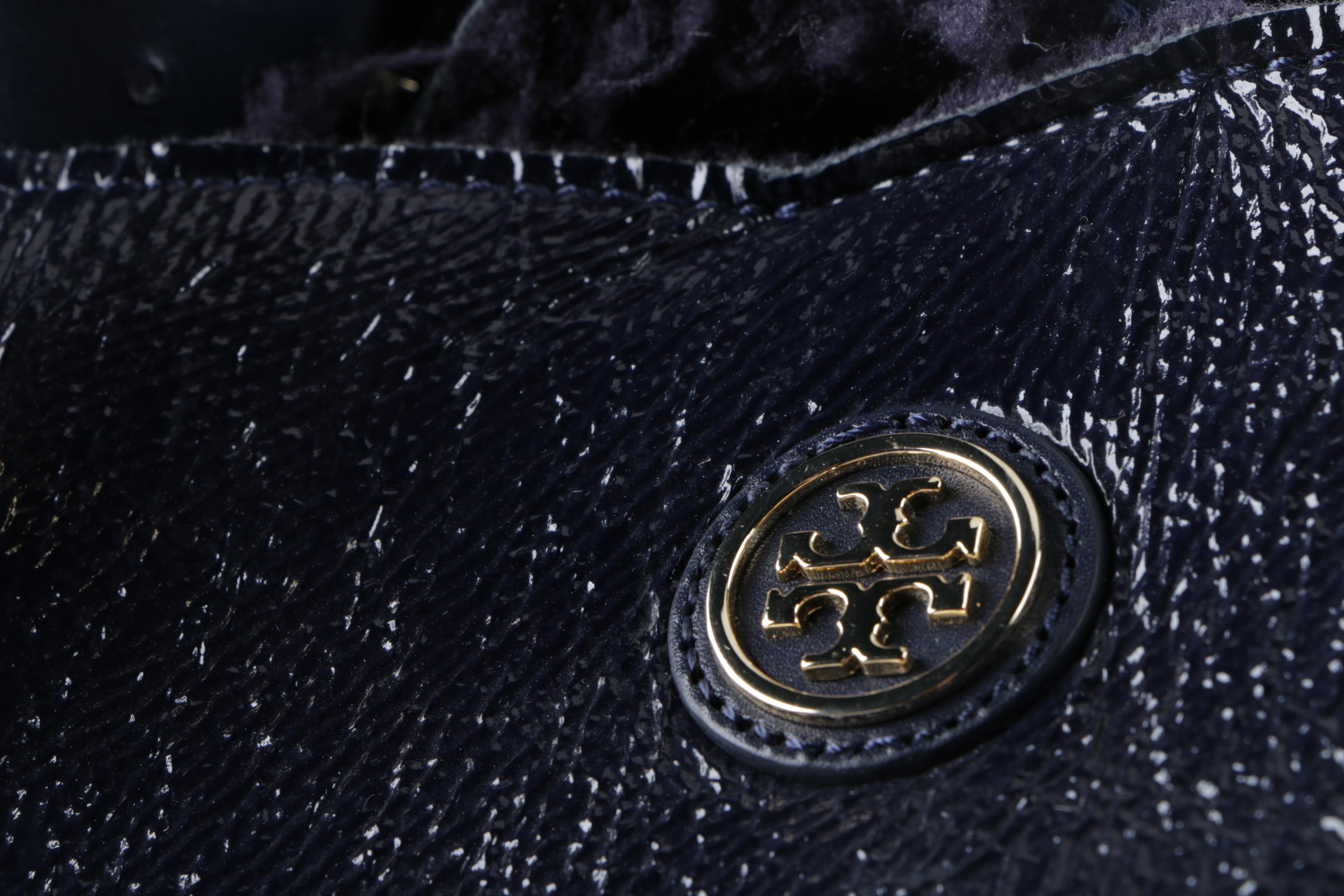 Tory Burch East West Navy Blue Leather and Shearling Tote