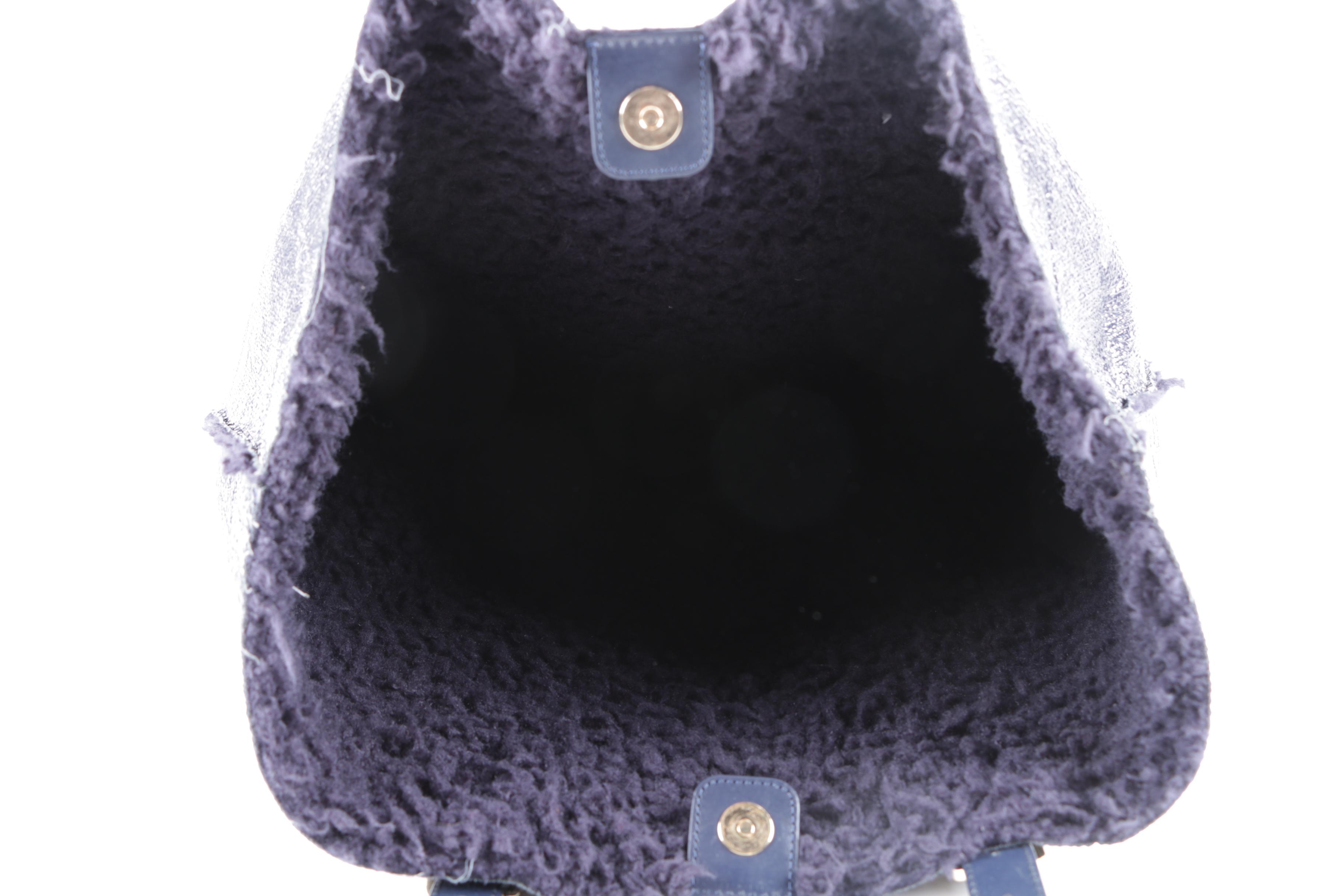 Tory Burch East West Navy Blue Leather and Shearling Tote