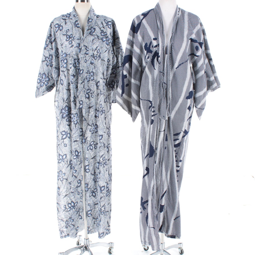 Blue and White Cotton Patterned Yukata Kimono