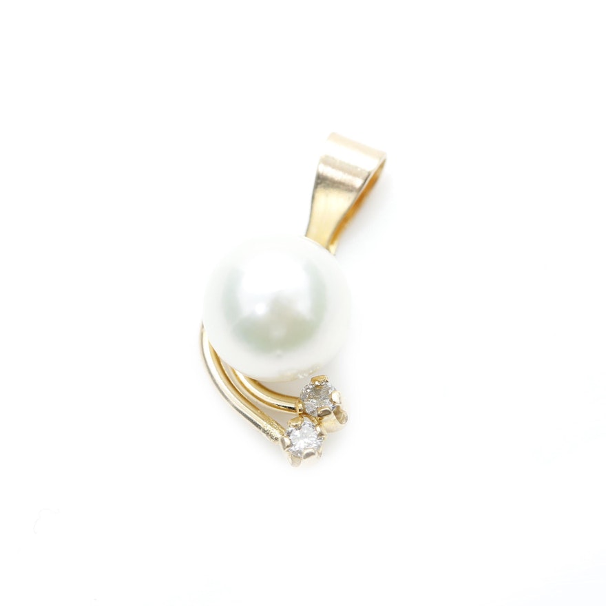 14K Yellow Gold Cultured Pearl and Diamond Pendant