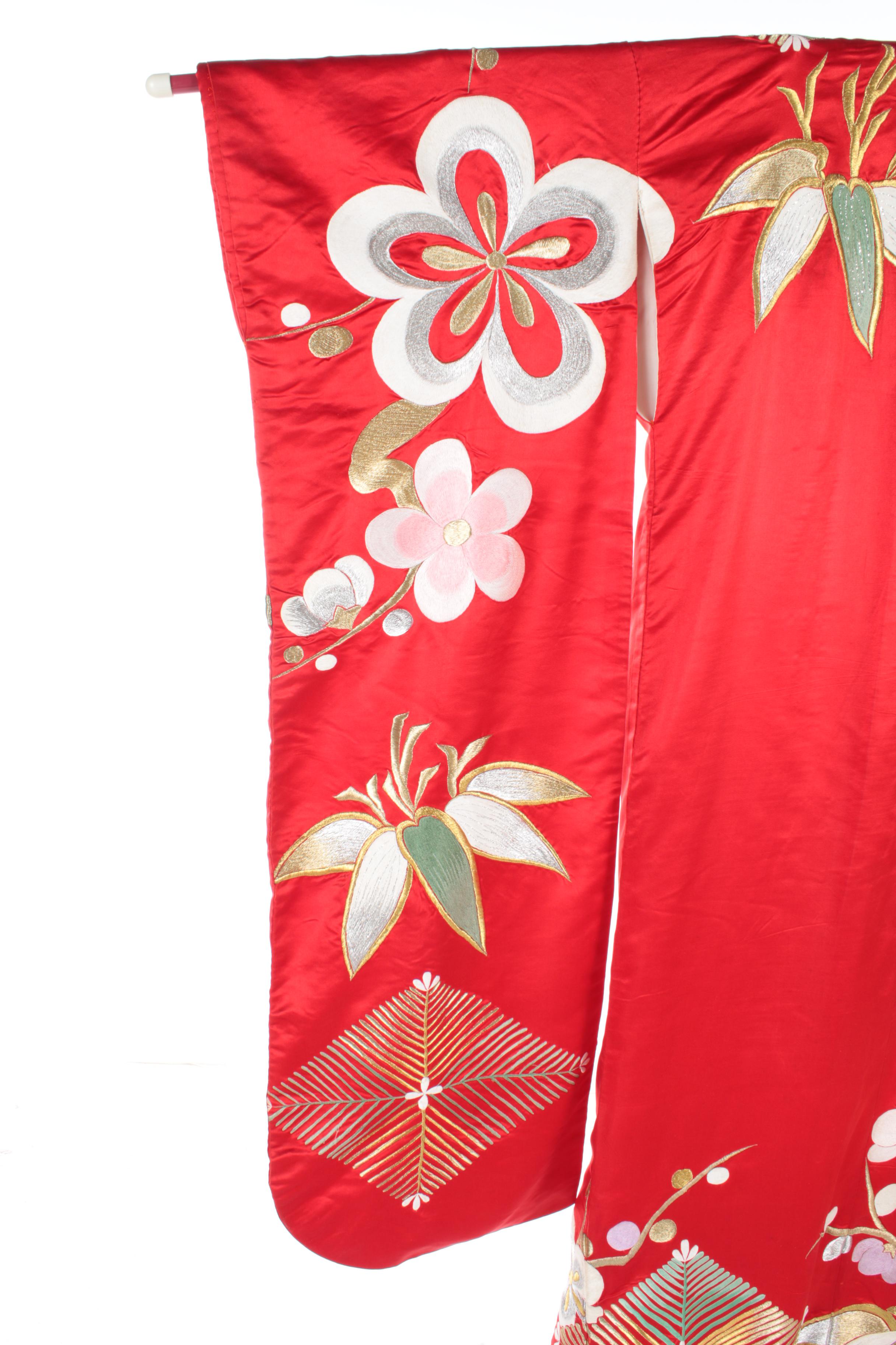Vintage Japanese Embroidered Silk Furisode Kimono and Display Rod