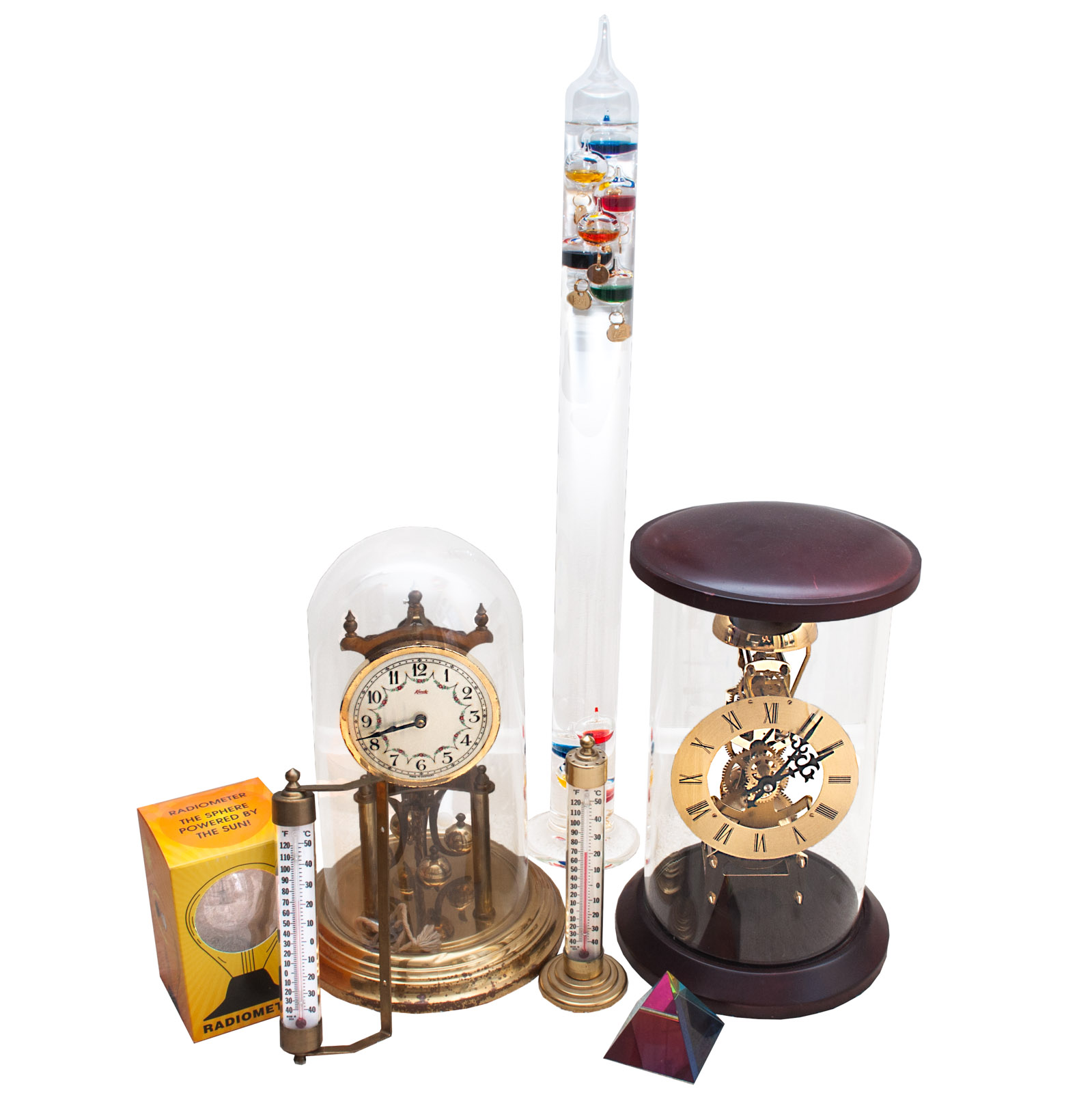 Skeleton Clocks and Barometers with Crystal Prism and Radiometer