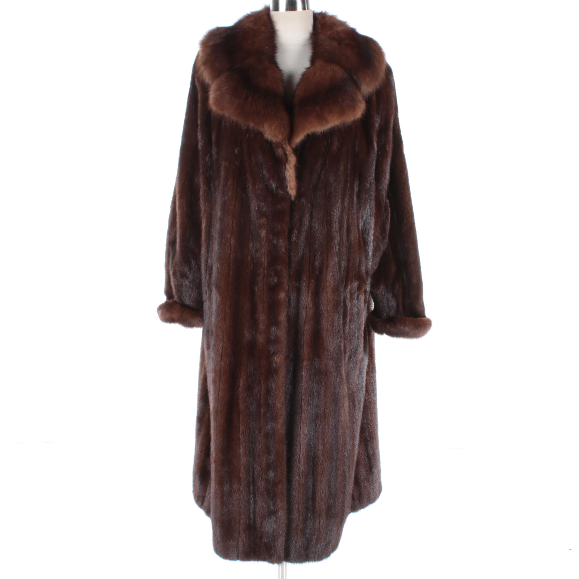Women's Vintage Revillon Mahogany Mink Fur Coat with Marten Fur Collar and Cuffs