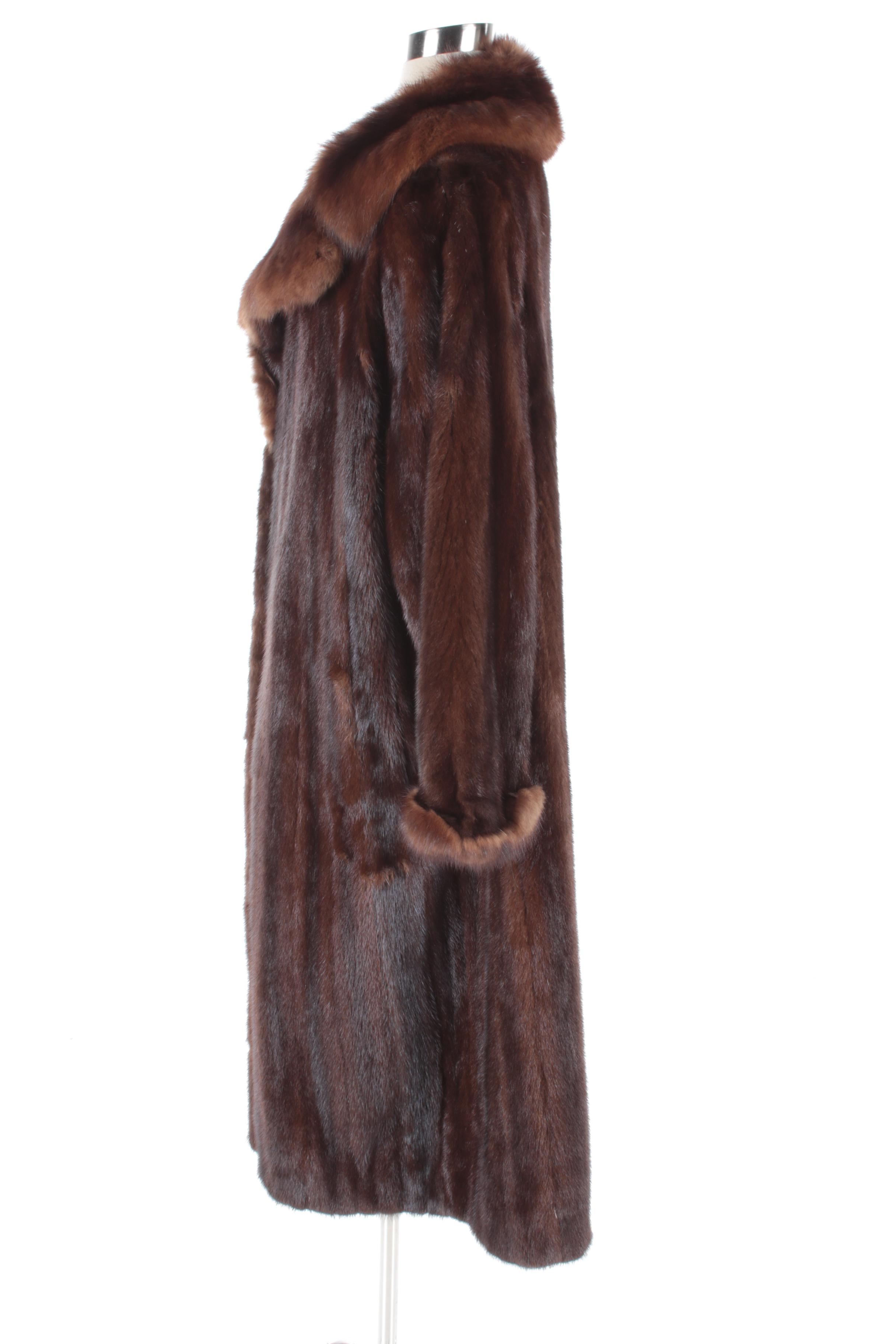 Women's Vintage Revillon Mahogany Mink Fur Coat with Marten Fur Collar and Cuffs