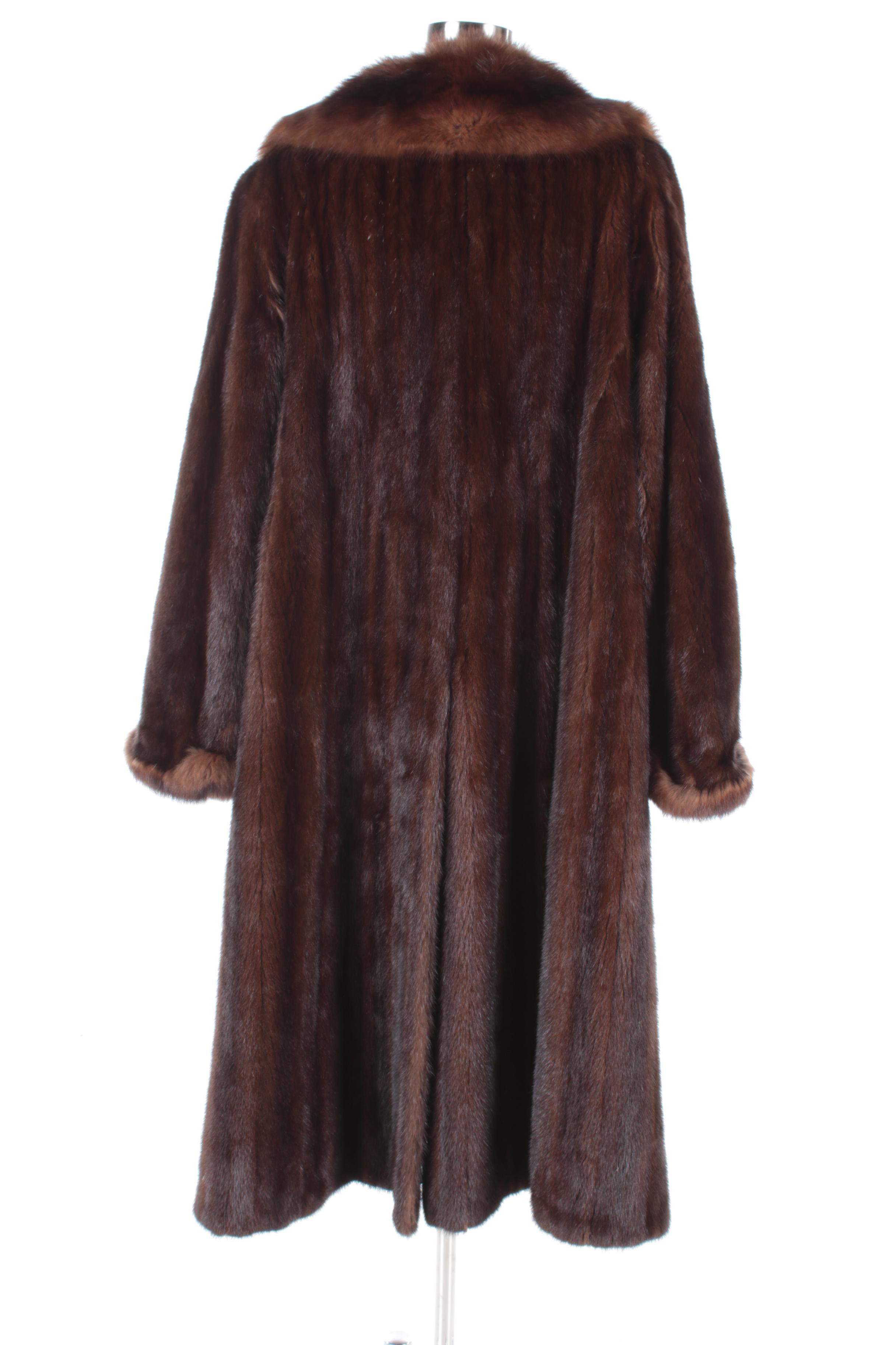 Women's Vintage Revillon Mahogany Mink Fur Coat with Marten Fur Collar and Cuffs