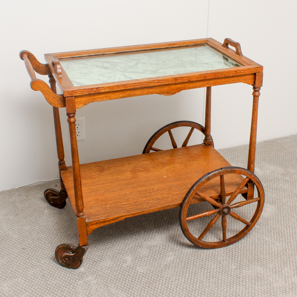 Vintage Oak Bar Cart with Glass Serving Tray