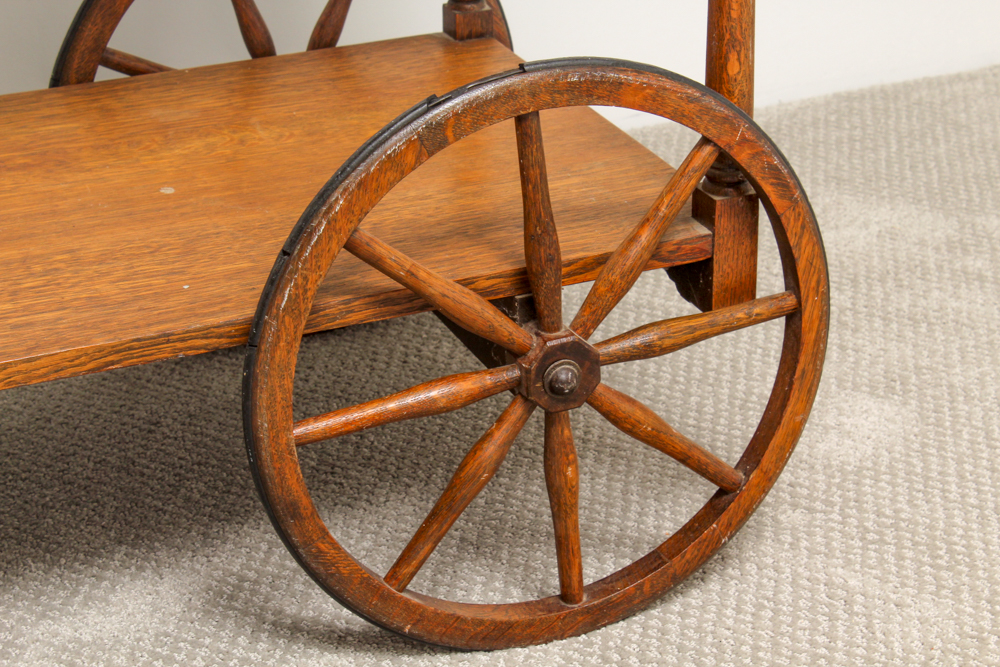 Vintage Oak Bar Cart with Glass Serving Tray