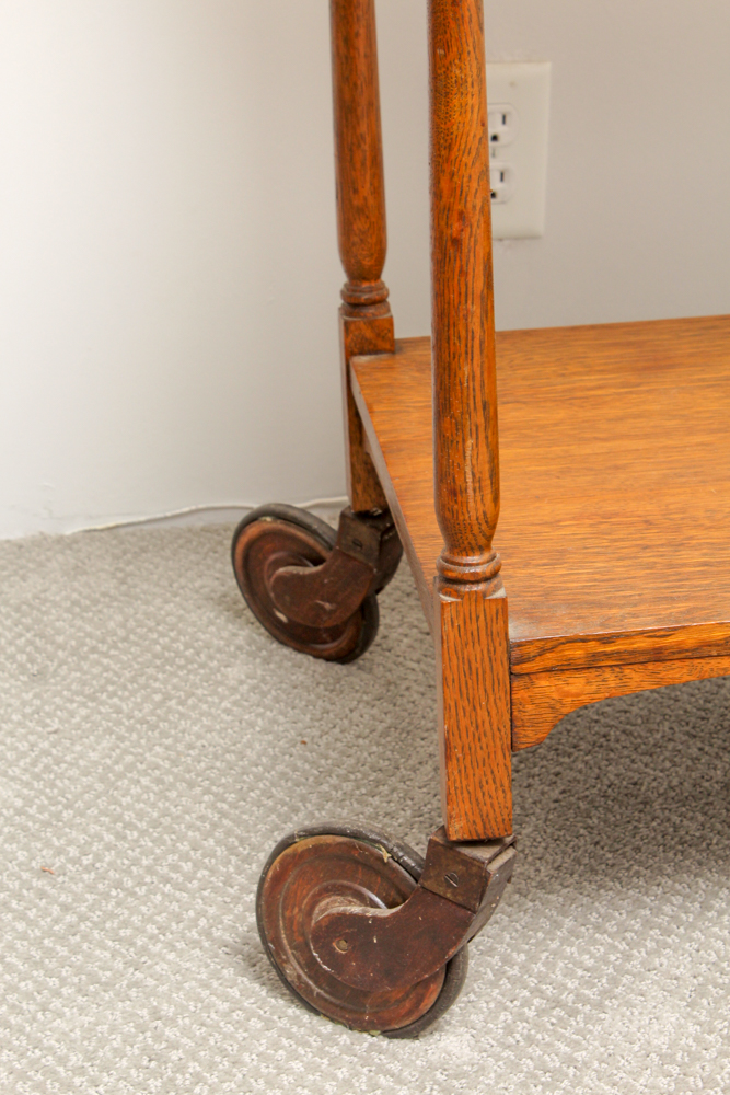 Vintage Oak Bar Cart with Glass Serving Tray