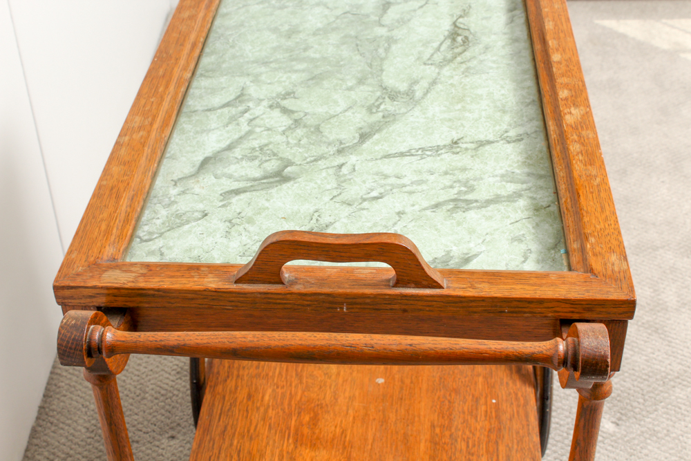 Vintage Oak Bar Cart with Glass Serving Tray