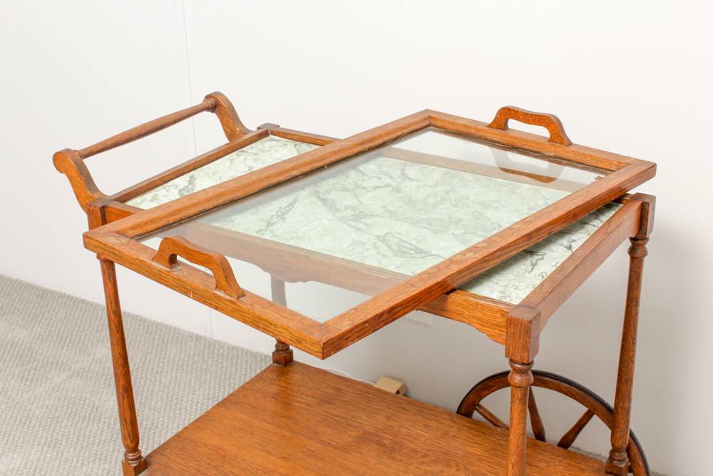 Vintage Oak Bar Cart with Glass Serving Tray