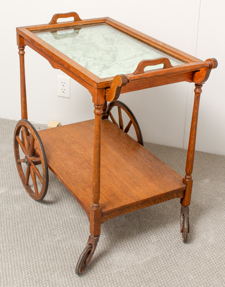 Vintage Oak Bar Cart with Glass Serving Tray