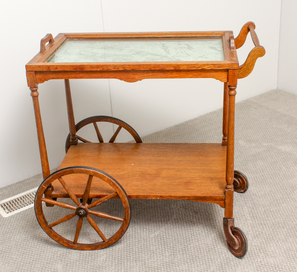 Vintage Oak Bar Cart with Glass Serving Tray