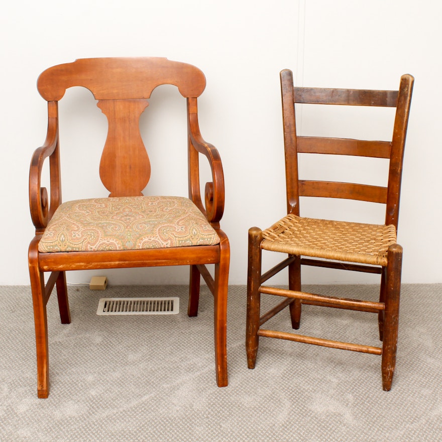 American Empire Style Armchair and Ladder-Back Chair
