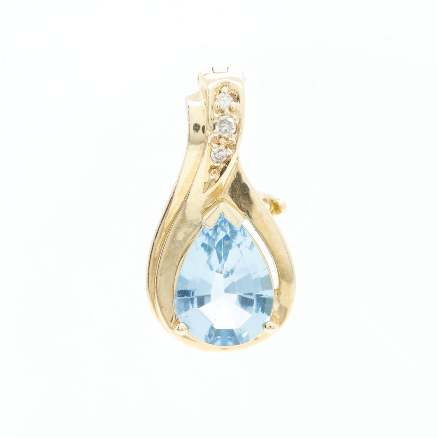 14K Yellow Gold Blue Topaz and Diamond Pendant