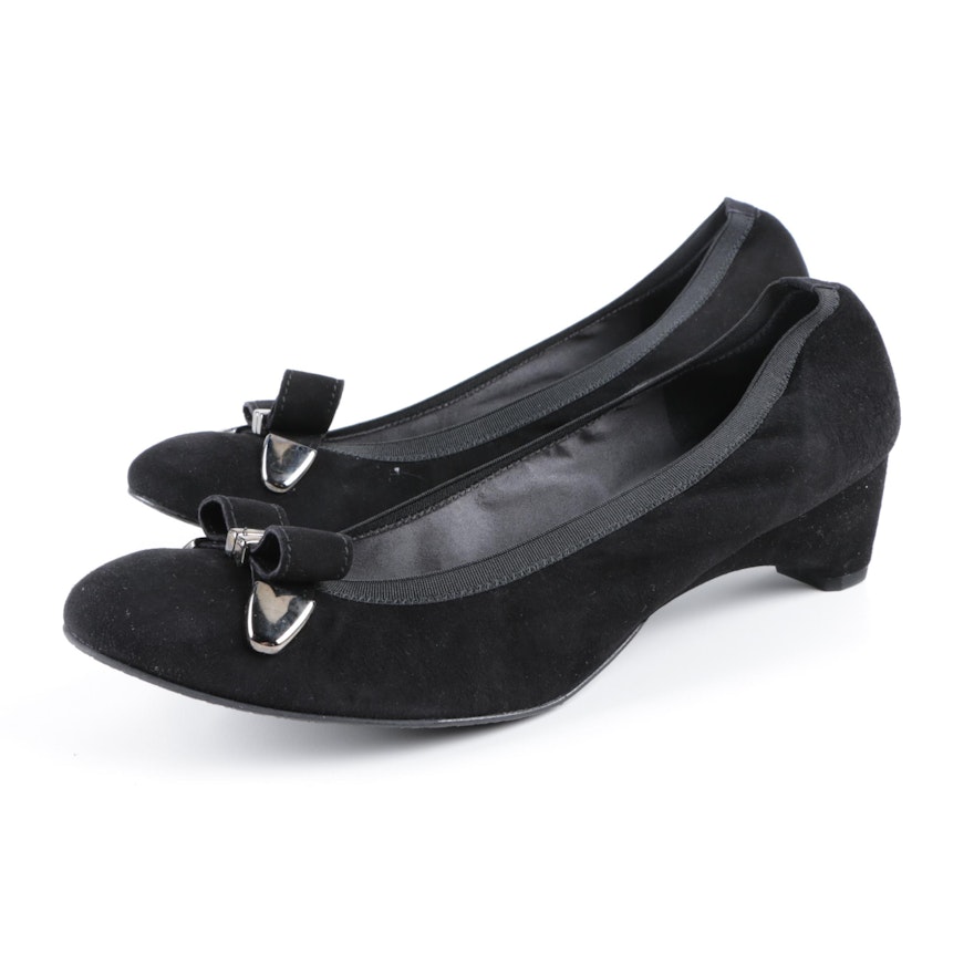 Stuart Weitzman Black Suede Wedge Shoes with Bow Accents