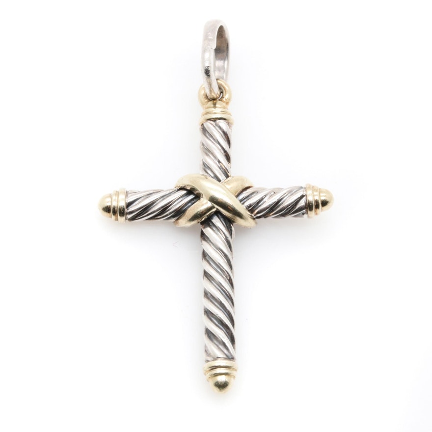 David Yurman Sterling Silver Cable Cross Pendant with 14K Yellow Gold Accents