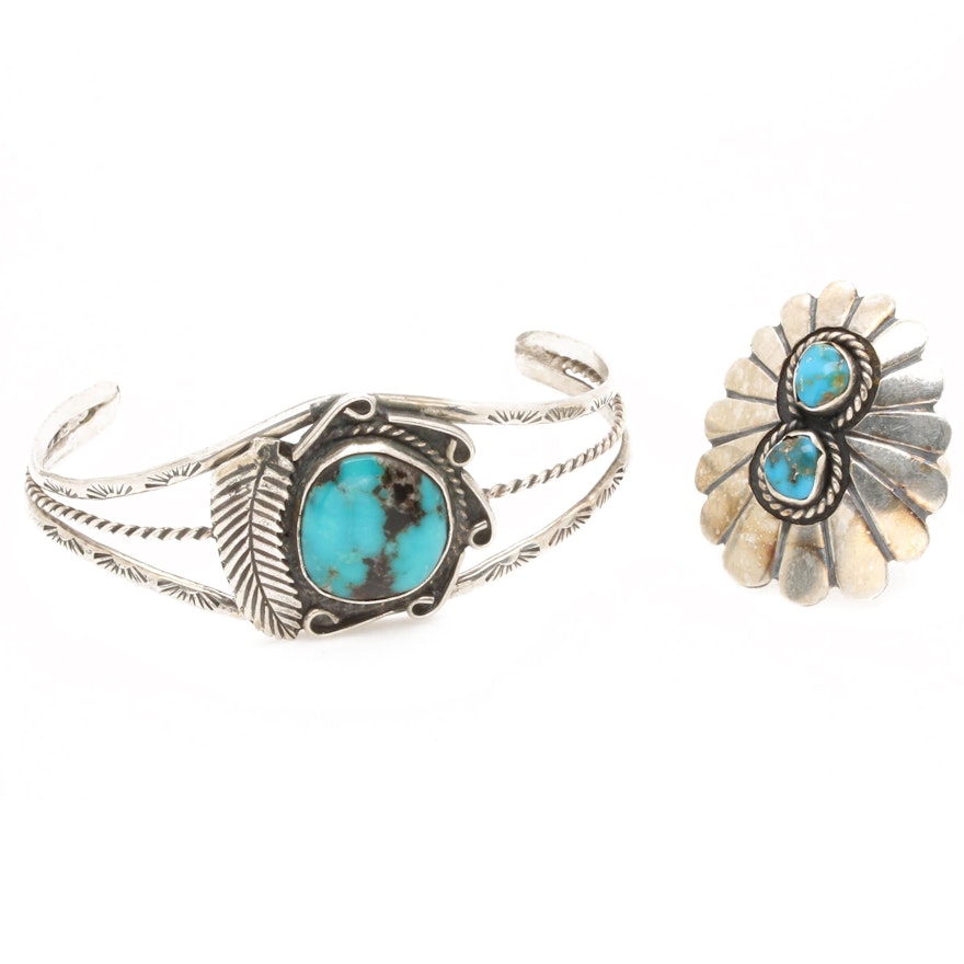 Sterling Silver Southwestern Style Turquoise Cuff Bracelet and Ring