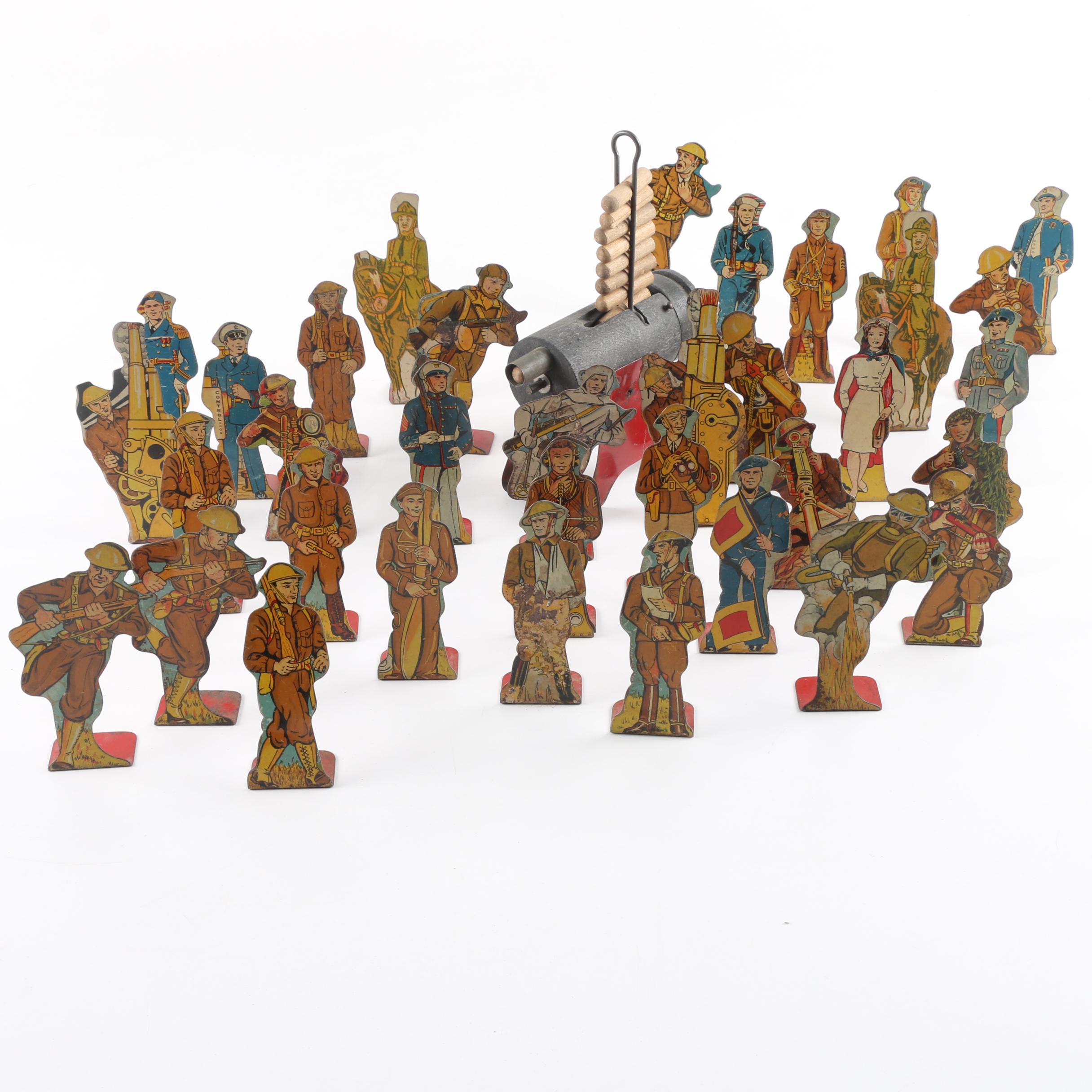 1930s Marx Tin WWI Military Figures and Rapid Fire Toy Cannon