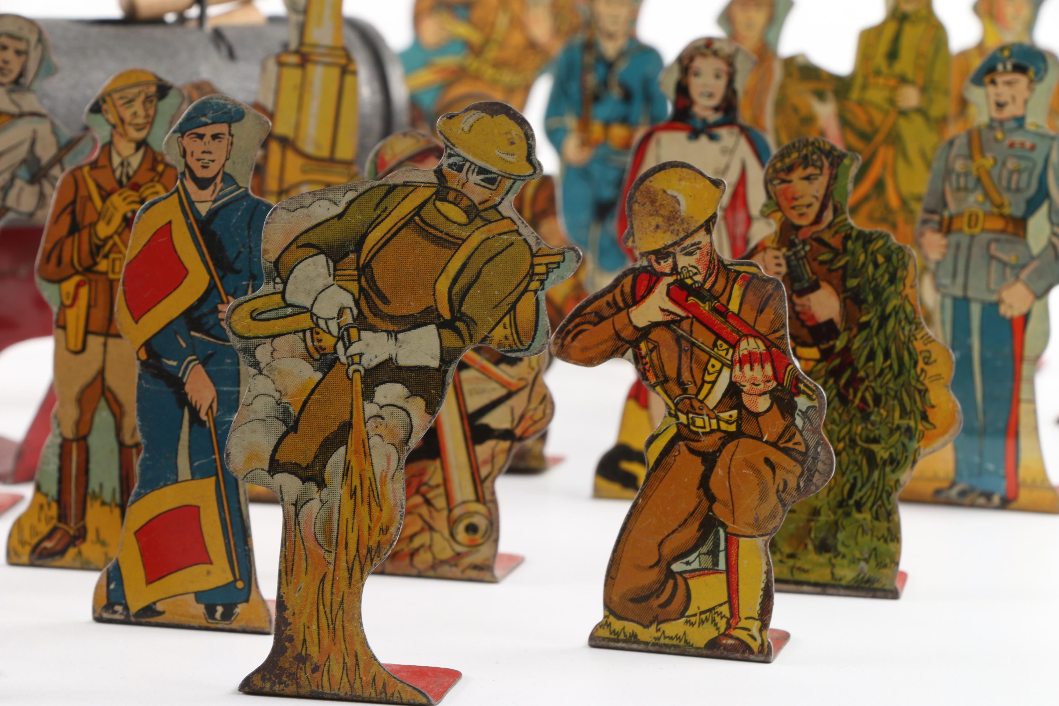 1930s Marx Tin WWI Military Figures and Rapid Fire Toy Cannon
