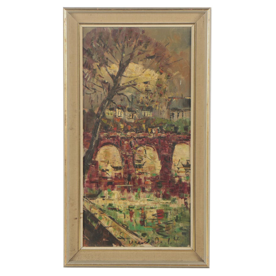 1964 Oil Painting of Modernist European Cityscape