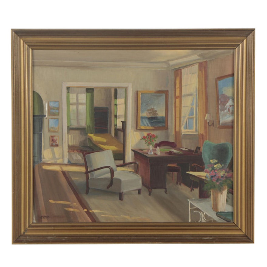 C.C.R. Mid Century Oil Painting of Sunlit Interior Scene