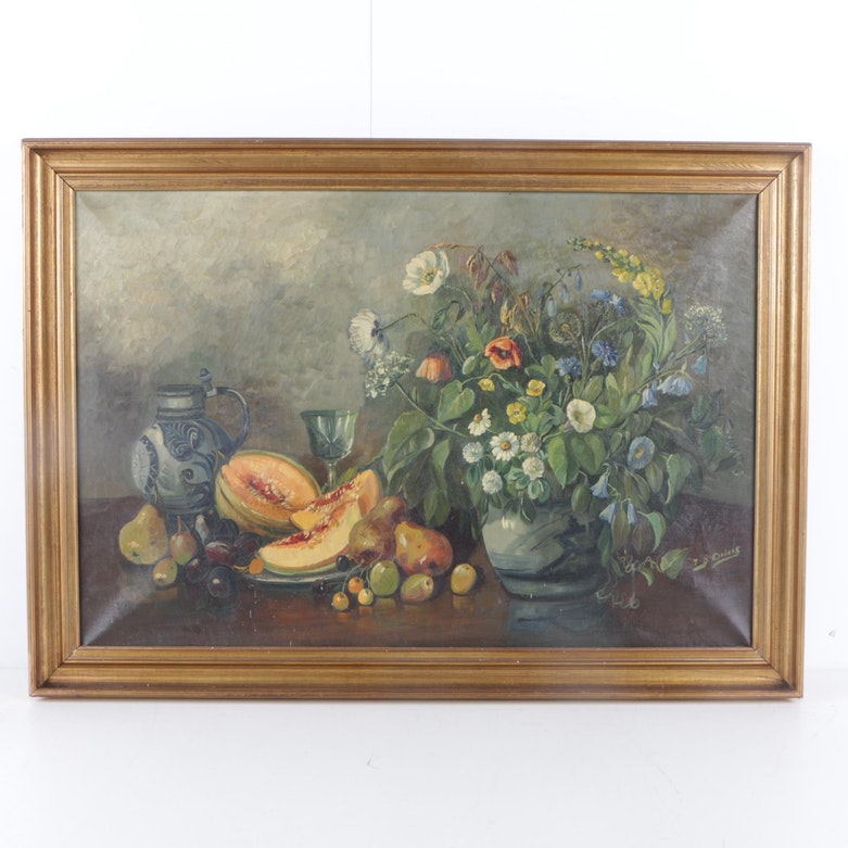 J.B. Dubois Oil Painting of Still Life with Fruit and Wildflowers