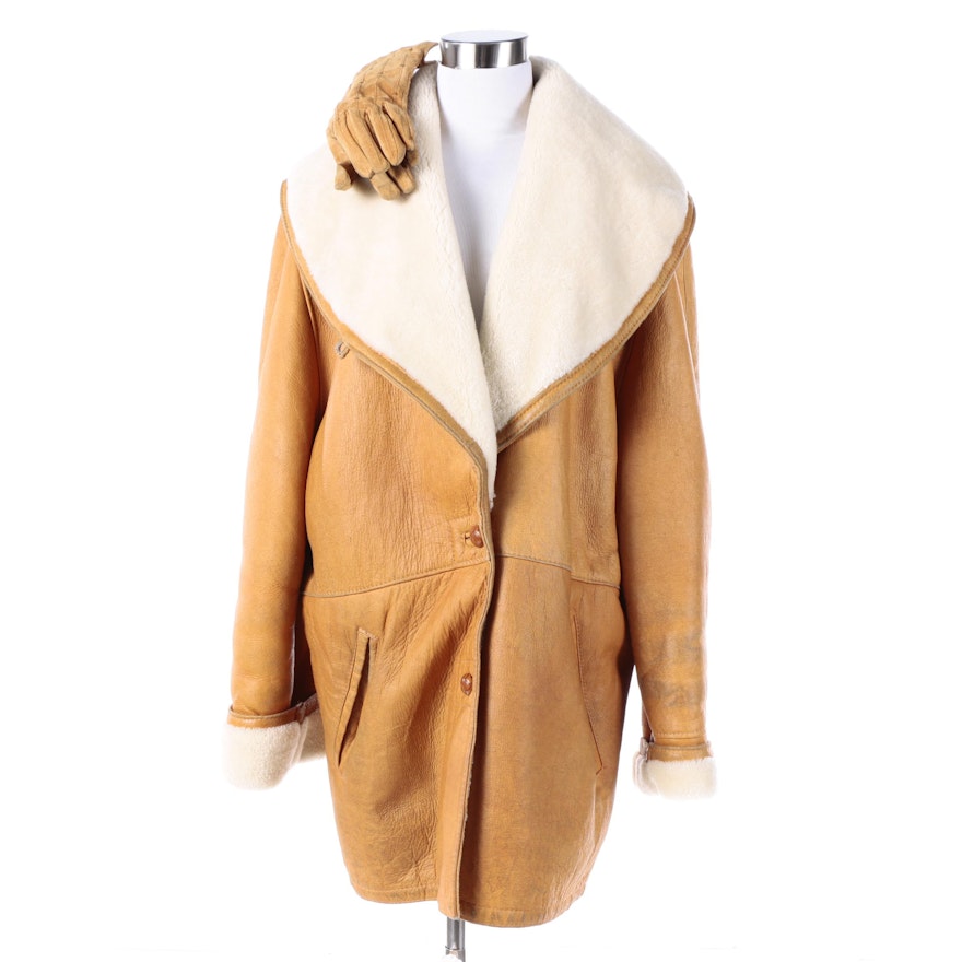 Women's Vintage Sheepskin Coat and Leather Gloves