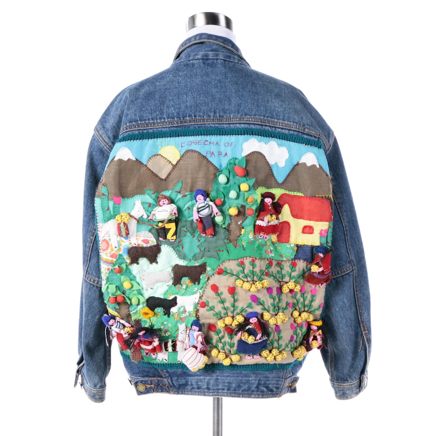 Seattle Blues Denim Jacket with Quilted Cosecha de Papa "Potato Harvest" Scene